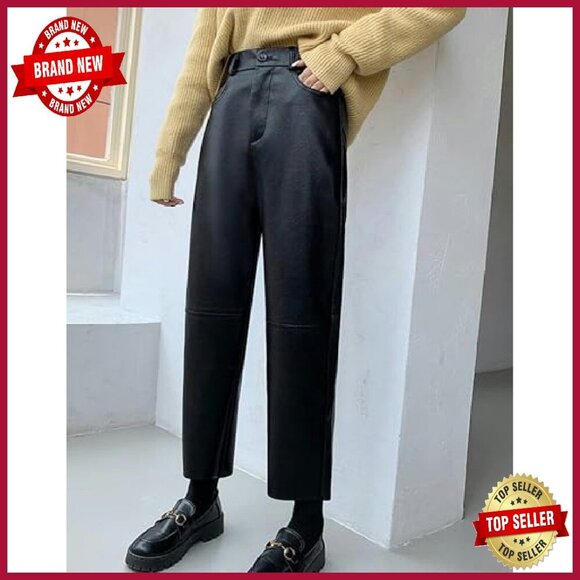 Faux Leather Pants High Waist Straight Leg Ankle Cropped Vegan Pleather - Picture 3 of 7